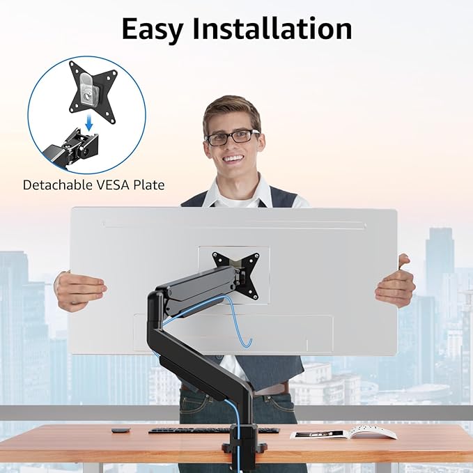 MOUNTUP Single Monitor Mount fits 43 42 40 39 37 34 32 27 inch Ultrawide Screen, Holds 6.6-33lbs, Computer Monitor Arm Desk Mount, Heavy Duty Gas Spring Monitor Stand with C-clamp/Grommet Base