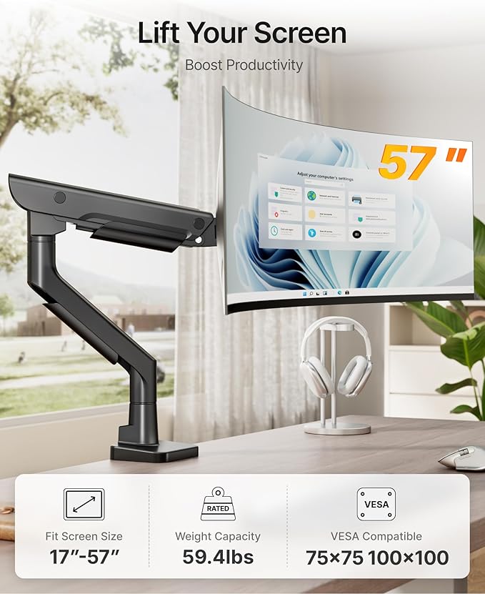 monTEK Sleek Aluminum Monitor Arm for 17–57” Ultrawide Screens up to 59 lbs, Heavy Duty Single Monitor Arm Desk Mount, Pneumatic Lift, Quick-Release Plate, Clamp/Grommet, Max VESA 100x100
