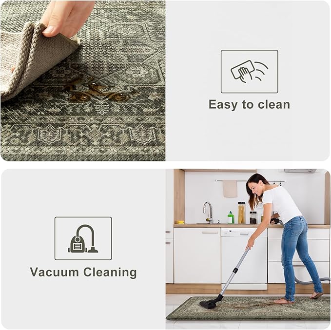 KIMODE Kitchen Mats Cushioned Anti Fatigue, Boho Distressed Kitchen Rugs Sets of 2, Non Slip Kitchen Floor Mat, Comfort Standing Mat for Laundry, Office, Sink, Desk Dark Green 17"x59"+17"x29"