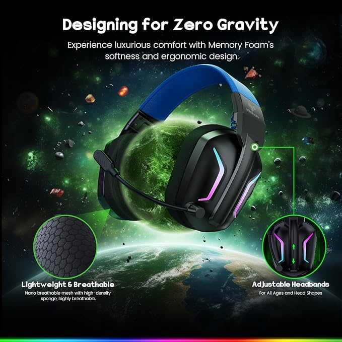 Wireless Gaming Headsets for PC, PS5, PS4, Switch, Mac, 2.4GHz Wireless Gaming Headphone for Game Boy Accessories, ENC Noise Canceling Microphone, Bluetooth 5.4, Cool Lighting, 50H Battery