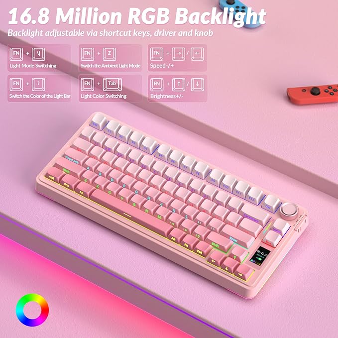 AULA S75 PRO Wireless Mechanical Keyboard with Screen&Knob, Tri-Mode Hot Swappable Gaming Keyboard 75%, Pre-lubed Switches, RGB Backlit, Side Printed PBT Keycaps, Creamy Sounding Pink Keyboards