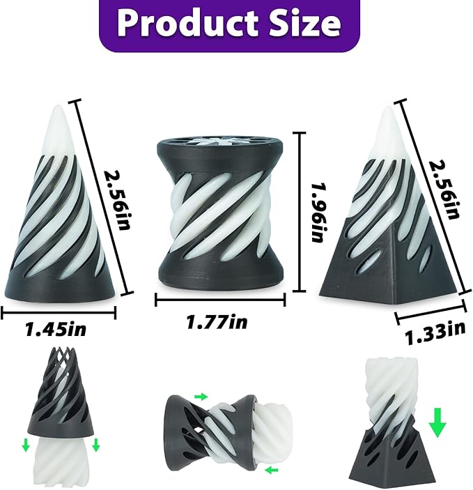 3 Packs Impossible Spiral Cone Fidget Toys,3D Printed Pyramid Passthrough Sculpture,Mini Sensory Toy for Stress Relief Anxiety,Desktop Decor Gifts for Adults & Kids (Fluorescent Blue Black)