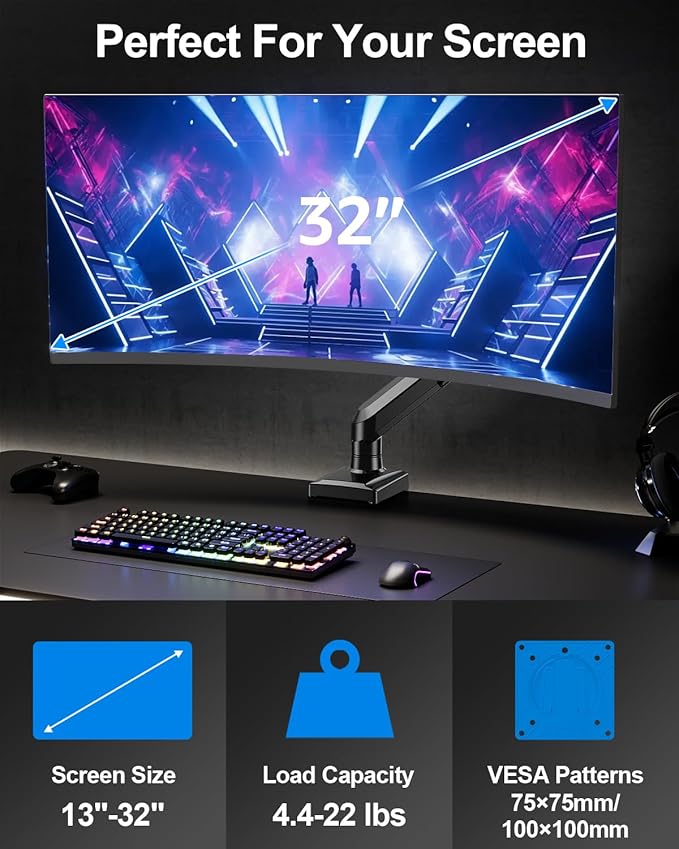 Single Monitor Mount Arm, Fits 17-32 Inch, Holds 4.4-22lbs, Full Motion, VESA 75x75/100x100, Desk Mount Freelift Pro