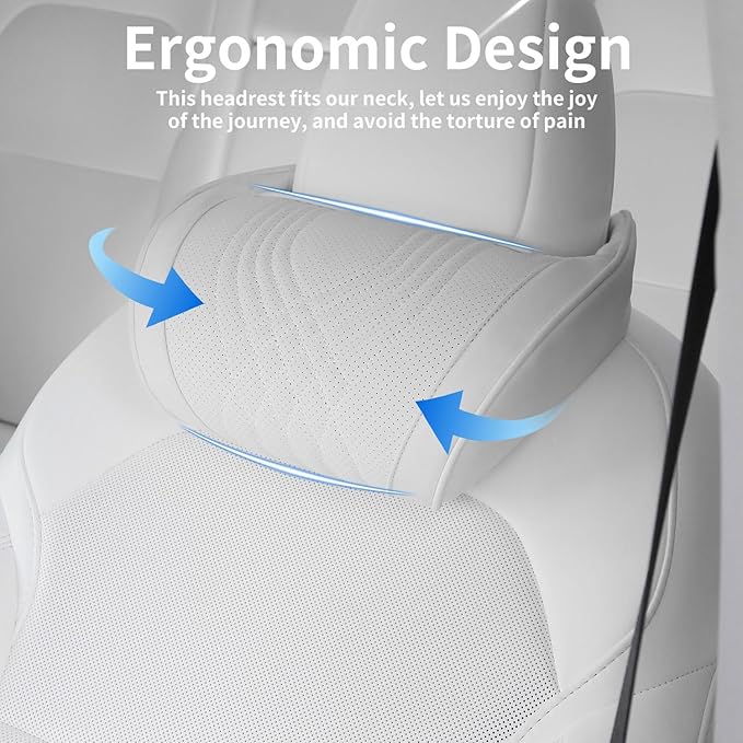 Car Headrest Memory Foam Neck Pillow for Driving with Leather Cover Soft Comfortable Seat Head Pillow Cushion for Most Cars SUV Sedan Home Office, White, 2PC
