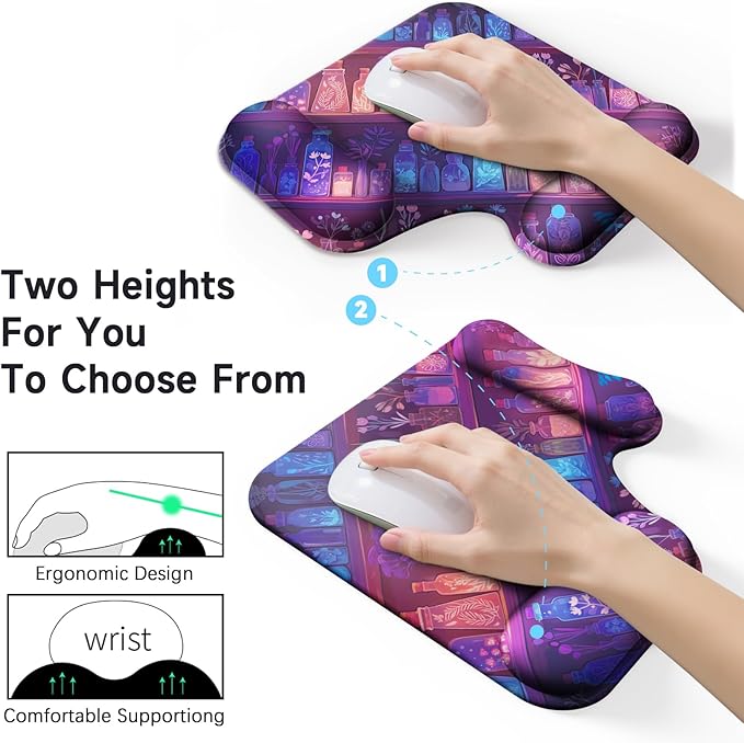 Ergonomic Mouse Pad with Gel Wrist Rest (1"& 1.2" Dual Height) - Mouse Pads Compact Mousepad Desk Mat Office, Gaming & Carpal Tunnel Relief | Non-Slip Rubber Base Mystical Potion Bottles