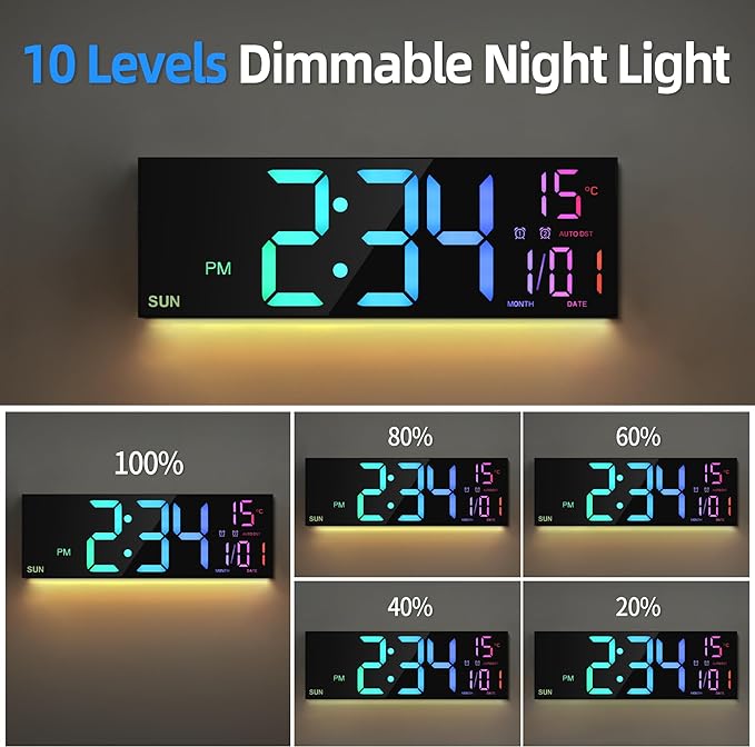 LEIKE 16.2'' Large Digital Wall Clock with Remote Control, Big LED/Dual Alarm/8 RGB Colors/Auto Brightness/Date/Auto DST/Temperature/Night Light Gym Clocks for Living Room Bedroom Office Wall Decor
