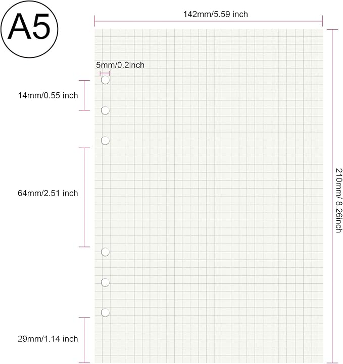 135 Sheets Planner Refill Paper 5mm Squared Inserts Paper A5 6 Holes Binder Grid Notepaper for Filofax Bullet Journals Diary (8.26x5.59 Inch)