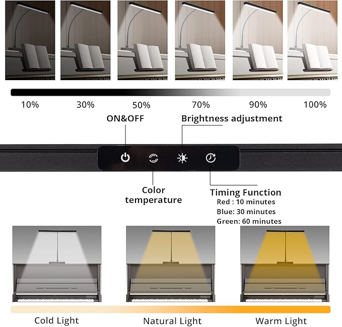 Piano Light for Grand/Upright & Digital Pianos, Piano Lamp with 3 Color Modes for Stand Pianos, Adjustable Height and Direction, Auto-Off Timer, Music Stand Light, Desk Lamp, Table Light
