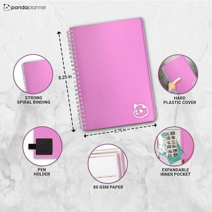 Panda Planner 2025-2026 Undated Daily Planner with Hourly Schedule 5.75" x 8.25" – 90 Days Daily Journal with Spiral Binding – To Do List Notebook with Habit Tracker for Home/Office Supplies – Pink