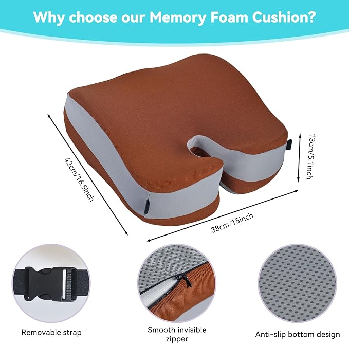 Seat Cushions for Office Chairs Wheelchair Cushion for Long Sitting Back Pain，Memory Foam Seat Car Computer Desk Chair Cushion，Coccyx Cushion for Tailbone Pain Relief Office Chair Butt Pillow Brown