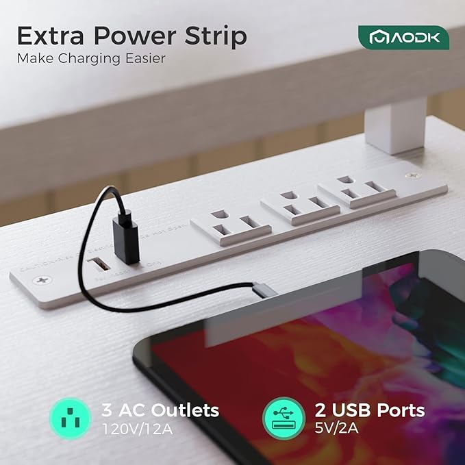 AODK Electric Standing Desk with Drawers & Keyboard Tray, 47 Inch Height Adjustable Small Gaming Desk with Power Outlets & LED Lights, Sit Stand Table with Monitor Stand for Home, Office, White