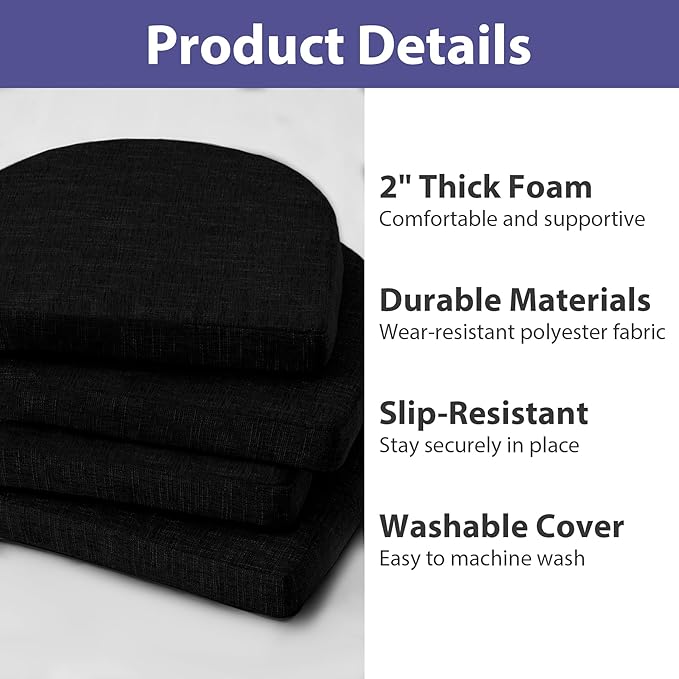 Chair Cushions for Dining Chairs with Ties and Removable Cover, Dining Kitchen Chair Pads with Non-Slip Bottom, High Density Foam Indoor Seat Cushions, 16'' x 16'' x 2'', Set of 4, Black