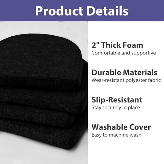 Chair Cushions for Dining Chairs with Ties and Removable Cover, Dining Kitchen Chair Pads with Non-Slip Bottom, High Density Foam Indoor Seat Cushions, 16'' x 16'' x 2'', Set of 4, Black