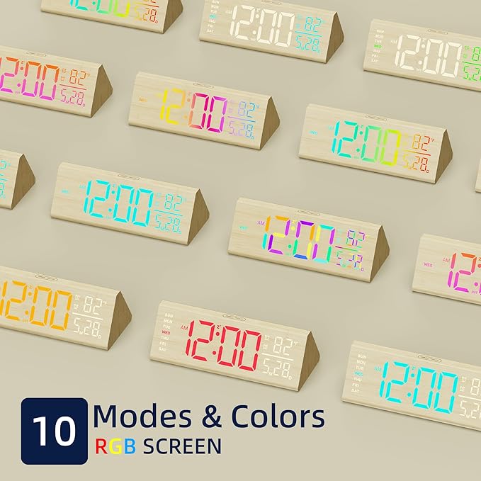 Solid Wood Digital Alarm Clock for Bedroom - 8.8 Inch Large Display for Living Room, See Time Instantly! Multicolor Backlight Time Display, Dual Alarms, Date/Temp/Day, DST, Snooze (Bamboo)