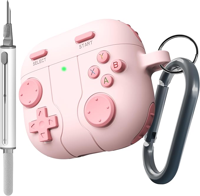 DamonLight Game Case for AirPods 4 Cover Shock-Proof Protective Silicone Case with Cleaning Pen and Keychain Accessories for Apple Airpods 4th Generation (Pink)