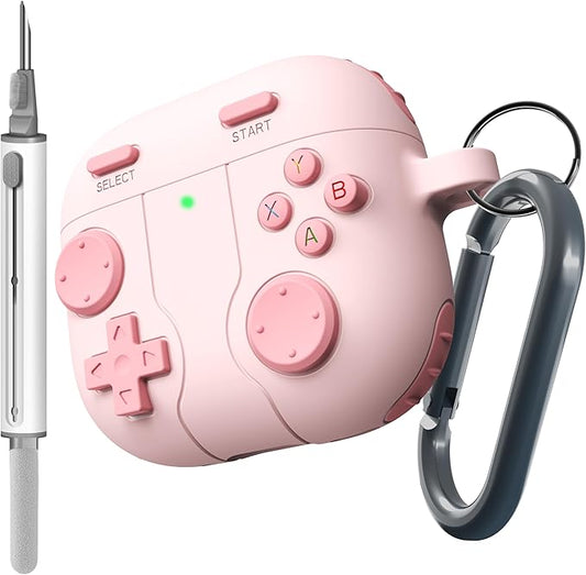 DamonLight Game Case for AirPods 4 Cover Shock-Proof Protective Silicone Case with Cleaning Pen and Keychain Accessories for Apple Airpods 4th Generation (Pink)