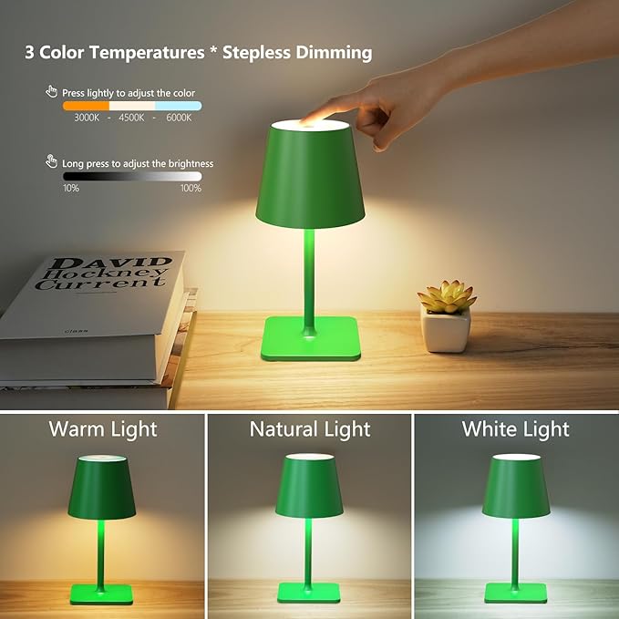 Green Cordless Table Lamp Set of 2-3 Color Stepless and Dimmable - for Restaurant Dining Bedroom Home Bar