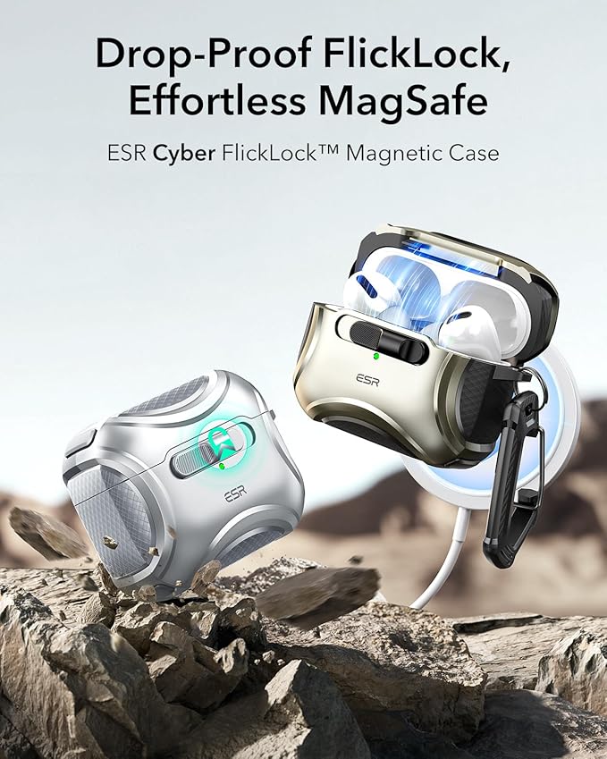 ESR for AirPods Pro 2 Case (2023/2022/2019, 2nd/1st Gen), Compatible with AirPods Pro 2nd Generation (USB-C/Lightning Cable), Effortless MagSafe, Drop-Proof Lock, Easy Open, Cyber Series,Silver Grey