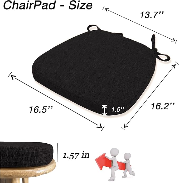Chair Cushion with Ties for Dining Chair - Memory Foam No Slip Kitchen Chair pad and Dining Room Seat Cushion with Machine Washable Cover Set of 4 [16.5 X 16.2 Inches] - (Black,4)