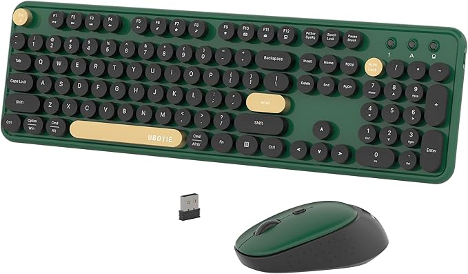 Colorful Wireless Computer Keyboards Mouse Combos, UBOTIE Polychrome Round Keycaps Retro PC Keyboards 2.4GHz Radio Frequency Connection with Optical Mouse(Green-Black)