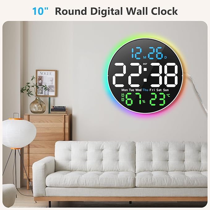 Digital Wall Clock, 10 inch Large LED Display Digital Clock with RGB Light, Remote Control, Auto-Brightness Dimmer with Night Lights, 2 Alarm, Silent Wall Clock Show Date Week DST Temp