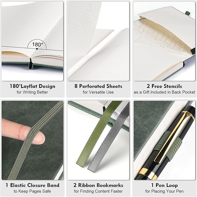 Bullet Dotted Journal Notebook, 312 Numbered Pages A5 Hardcover Leather Journal, 100gsm No Bleed Paper Dot Grid Notebook with Index Pages, Dot Journal for Women Men, 5.75" x 8.38", Green