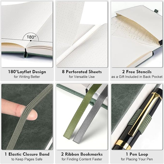 Bullet Dotted Journal, Large A4 Hardcover Leather Journal, 312 Numbered Pages Thick Journal, 100gsm No Bleed Paper Dot Grid Notebook for Women Men, 8.5'' × 11'', Green