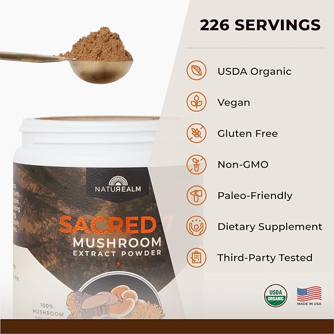 Sacred 7 Mushroom Coffee Booster | Organic Mushroom Supplement Powder – Lions Mane, Reishi, Chaga & More | Adaptogen + Nootropic | 100% Fruiting Bodies | Mix with Coffee,Tea, Smoothies - 226 Servings