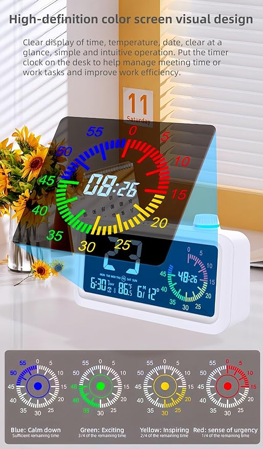 Digital Alarm Clock Night Light Visual Timer, LCD Time Reminder with 3 Alarms, Snooze,Temperature Display, Ideal for Family Education Teaching and Time Management Gifts for Kids (Color White)
