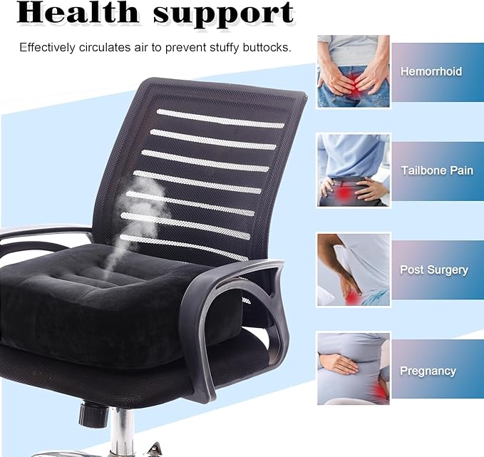 Extra Large Seat Cushion, Thick Chair Cushion Booster for Office Chair, to Rise Height, Velvet Cover with Handle and Anti-Slip Bottom, PP Cotton Filling, Coccyx Pain Relief (Black, X Large)