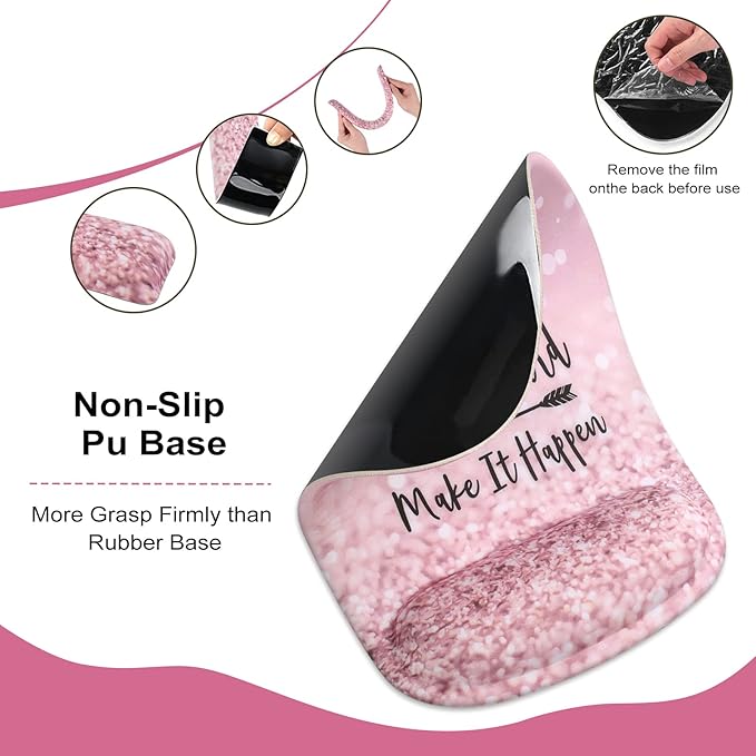 HAOCOO Pink Mouse Pad Support, Keyboard Wrist Rest, Gel Wrist Rest for Computer and Mouse Pad Set, Anti-Slip Base, Keyboard Pad with Coaster for Office Home Women, Stay Positive
