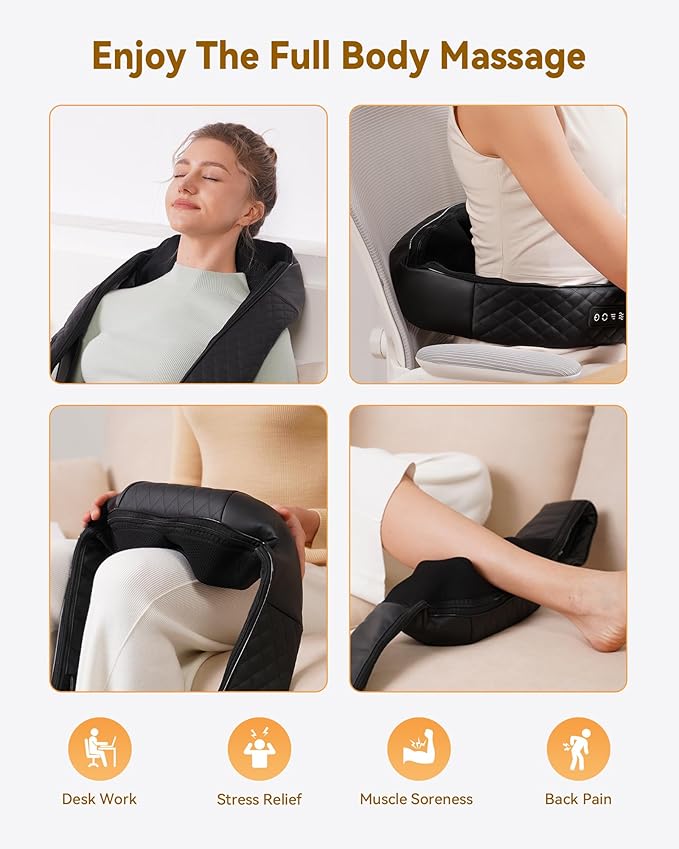 Shiatsu Neck and Shoulder Massager with Heat, Electric Deep Kneading Massage for Back, Shoulder, Leg, Body Muscle Pain Relief, Gift for Women Men Mom Dad, NOT Cordless, (with Leather Handbag)