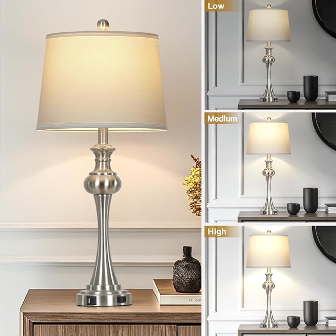 28.75"Silver Table Lamps Set of 2, 3 Way Touch Control Living Room Lamps with USB A+C Ports & Outlets , Modern Bedside Lamps, Elegant Metal Nightstand Lamps for Bedroom Office End Table Decoration