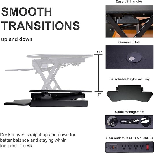 Rocelco 46" Height Adjustable Corner Standing Desk Converter with AC Outlet USB Charger and Anti-Fatigue Floor Mat - Sit Stand Up Tabletop Riser - Keyboard Tray - Black (R CADRB-46-ACUSB-MAFM)