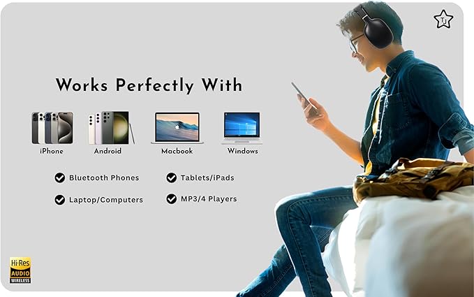 TJ Active Noise Cancellation Bluetooth Over Ear Headphones | Supersoft Leather Wireless Headset Wired Built-in MIC 24H Playtime High Res Audio Travel/Work/Students/Running/Gym(Black)