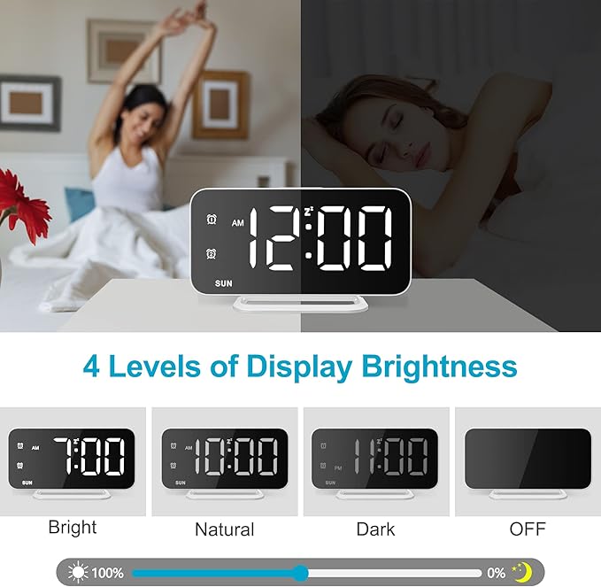 Slim LED Digital Alarm Clock, Mirror Surface for Makeup, with Diming, Large Display, Easy Setting, USB Ports, Modern Decor for Bedroom, Desk, Christmas, Birthday Gift for Women, Daughter, Girl, White