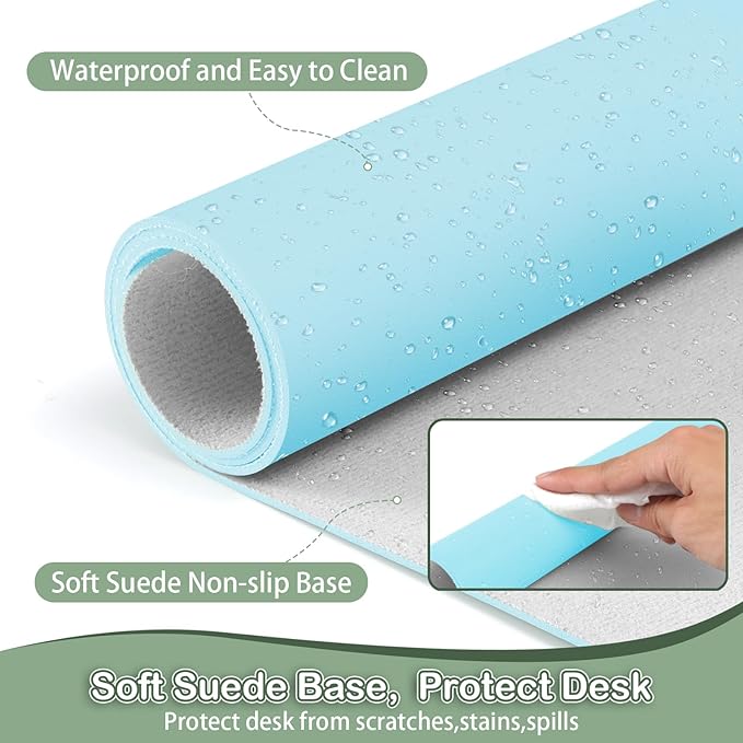 Boutilon Leather Desk Pad Protector,Non-Slip Mouse Pad,Laptop Desk Pad,Office Mouse Mat,Waterproof Leather Desk Blotter,Desk Writing Pad for Office and Home (S-Light Blue,24"x 14")