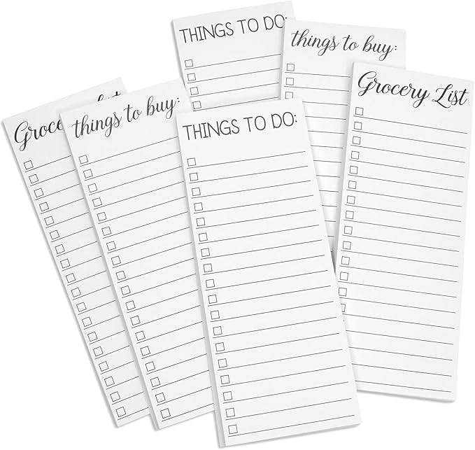 Paper Junkie Grocery & Shopping List Magnetic Notepad for Fridge - 6-Pack Slim Notepads, 3.5 x 9 In, 60 Sheets per Pad, White Magnetic Backing - Checkboxes for To-Do & Grocery Items