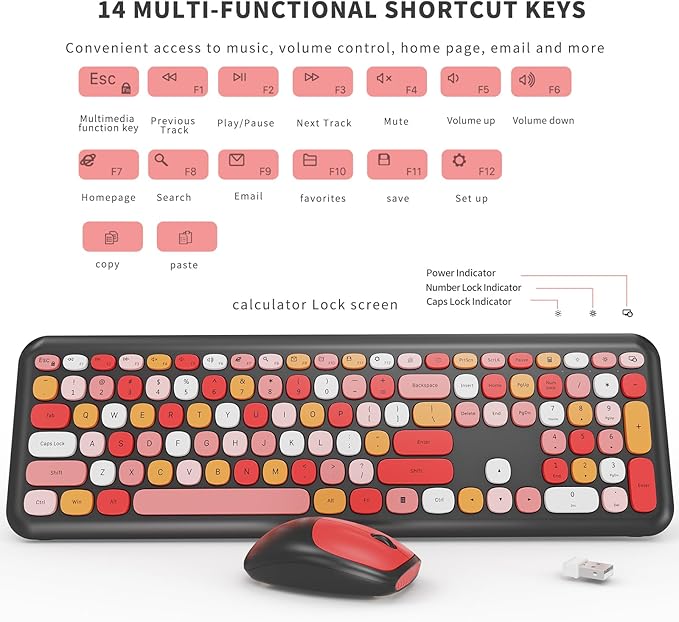 Wireless Keyboard and Mouse Combo, Colorful Ergonomic Full Size Retro Low-Noise Keyboard with Cute keycaps, Compatible with Windows, PC, Perfer for Home and Office Keyboards (Black)
