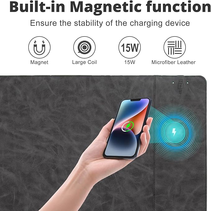 Magnetic Wireless Charging Desk Mat, 23.4"x15.6" Large Office Mouse Pad, Microfiber Leather Mouse Mat with Ultra-Smooth Surface, Waterproof Computer Keyboard Desk Mat for Office & Home, Laptop, Grey