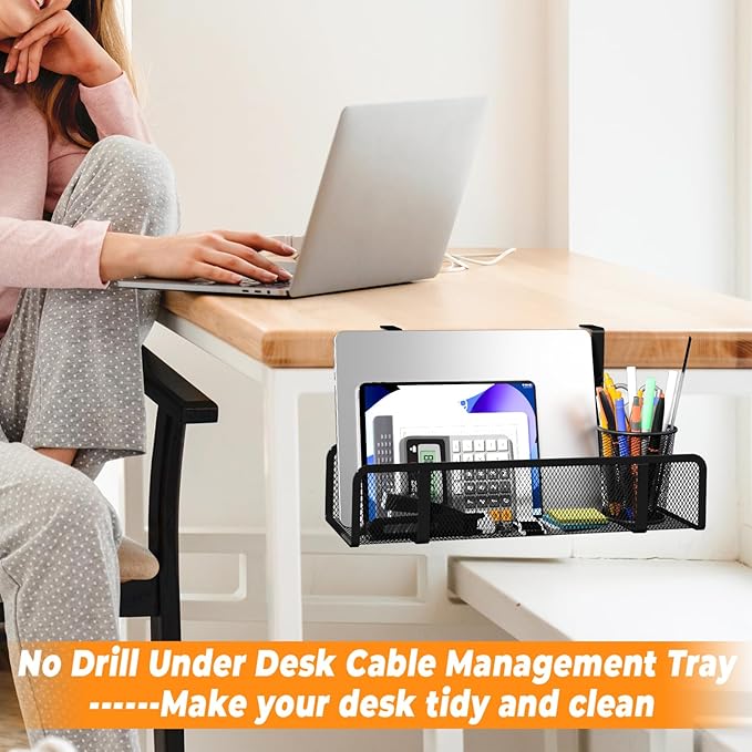 Under Desk Cable Management Tray, Wire Management Desk Cable Organizer Cable Management Box, Cord Organizer Under Desk Storage Cable Raceways for Office, Home - No Damage to Desk No Drill