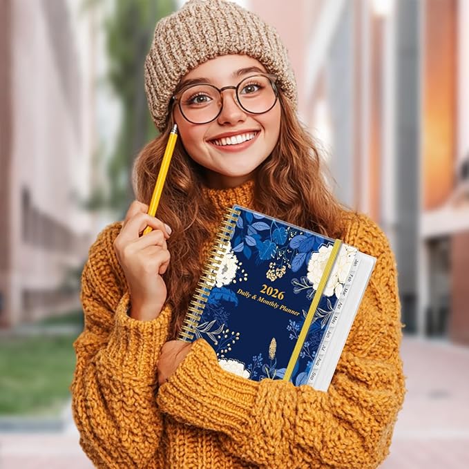 2026 Daily & Monthly Planner - One Page Per Day, Daily Planner from January 2026 - December 2026, Planner 2026 with 12 Monthly Tabs, 8.5" x 11", Blue Leaf Flower