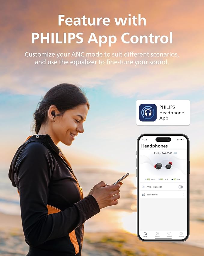PHILIPS TAA5508 Wireless Earbuds,True Wireless Headphones with Noise Canceling Pro,Quality Sound,28 H Battery Life,Fast Charging,Bluetooth 5.3,Multipoint Connectivity,IPX5,for Sports,App Control,Black