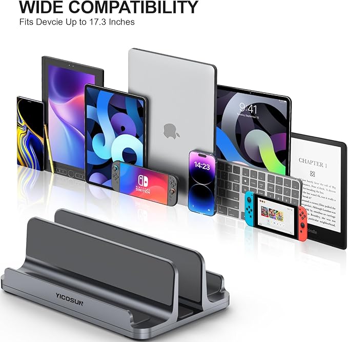 3 Slots Aluminum Vertical Laptop Stand for Desk - Adjustable Width Dock for MacBook, Surface, Samsung, HP, Dell up to 17.3 inches - Space-Saving & Protective Design - Gray