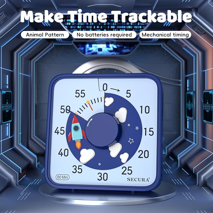 Secura 7.5-Inch Rocket Pattern Visual Timer for Kids, 60-Minute Countdown Timer for Classroom or Kitchen, Durable Mechanical Timer Clock with Magnetic Backing (Blue)