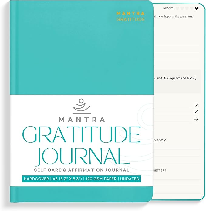Gratitude Journal For Women & Men - Mental Health, Self Love & Self Care Journal - Teal - 5.8" x 8.3" - Mantra Planner