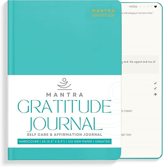 Gratitude Journal For Women & Men - Mental Health, Self Love & Self Care Journal - Teal - 5.8" x 8.3" - Mantra Planner