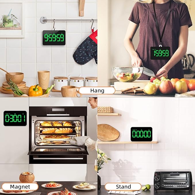 Rechargeable Digital Kitchen Timer for Cooking, Magnetic Timers with Countdown/up, Kids Timer with 5”LED Display 3 Brightness 4 Volume Adjustable for Classroom/Office/Home/Work/Fitness/Game(Green)