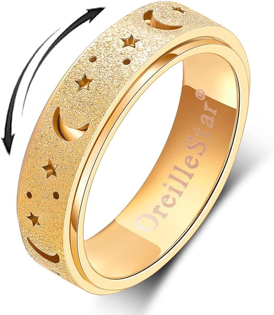 OreilleStar Anxiety Ring for Women Spinner Thumb Ring Stainless Steel Fidget Toys Adults Fidget Spinner Ring Moon Star Gold Size 10