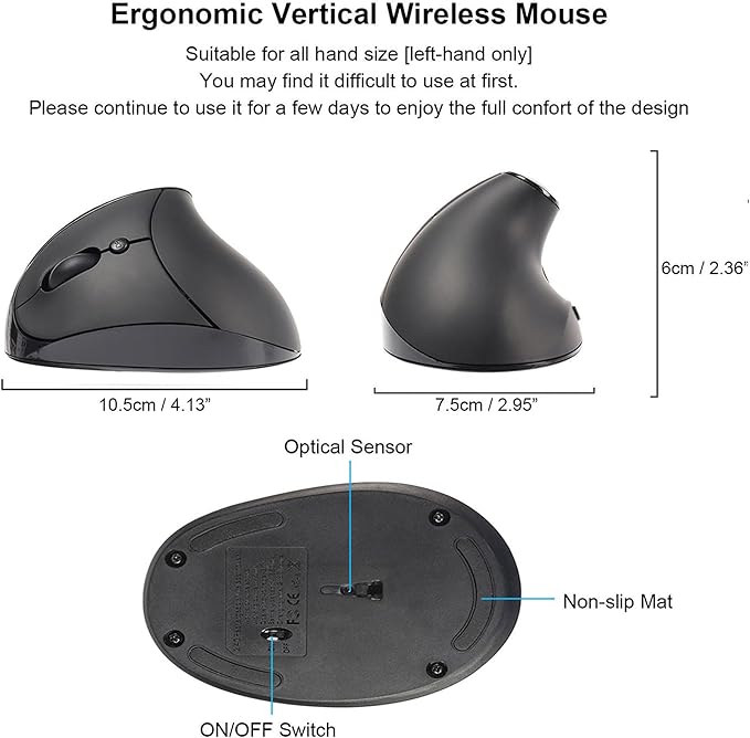 CHUYI Left-Handed Mouse, Ergonomic Vertical Rechargeable Wireless Mouse, 6 Buttons, Optical and Portable Wireless Office Mice with USB Receiver for PC Computer Laptop (Black)